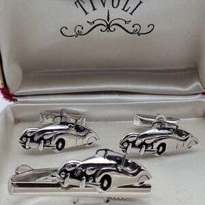 Swank Convertible Cufflinks & Tie Clip Silver Tone Tivoli Bar Clasp Vintage Auto